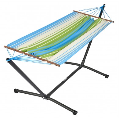 Set hamac support métal anthracite avec hamac vert bleu écru 140x300 cm
