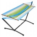 Set hamac support m&eacute;tal anthracite avec hamac vert bleu &eacute;cru 140x300 cm