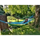 Set hamac support m&eacute;tal anthracite avec hamac vert bleu &eacute;cru 140x300 cm