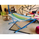 Set hamac support m&eacute;tal anthracite avec hamac vert bleu &eacute;cru 140x300 cm