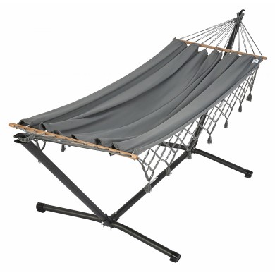 Set hamac support métal anthracite avec hamac à franges anthracite 140x300 cm