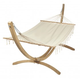 arr&ecirc;t produit : Set hamac et support bois Kompagnon 320 Jobek hamac &eacute;cru &agrave; franges