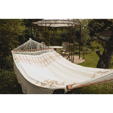 Hamac Palacio Boho écru Amazonas toile 240 x 160 cm longueur 360 cm barre bois 140 cm