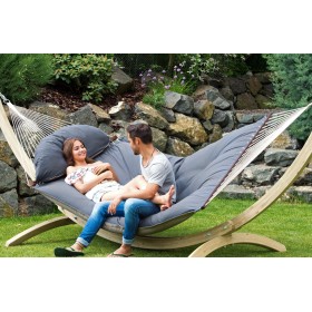 Hamac double &agrave; barre bois : Hamacs Fat taupe Amazonas toile 187-237 x 146 cm totale 365 cm r&eacute;versible