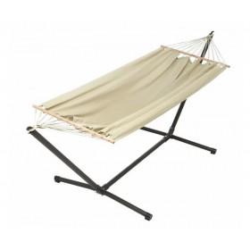 Hamac avec support : Set MetaliK GraphiK taupe certifi&eacute; FSC support m&eacute;tal hamac toile 140x200 cm