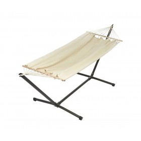 Hamac avec support : Set MetaliK Graphik Ecru certifi&eacute; FSC support m&eacute;tal hamac toile 140x200 cm